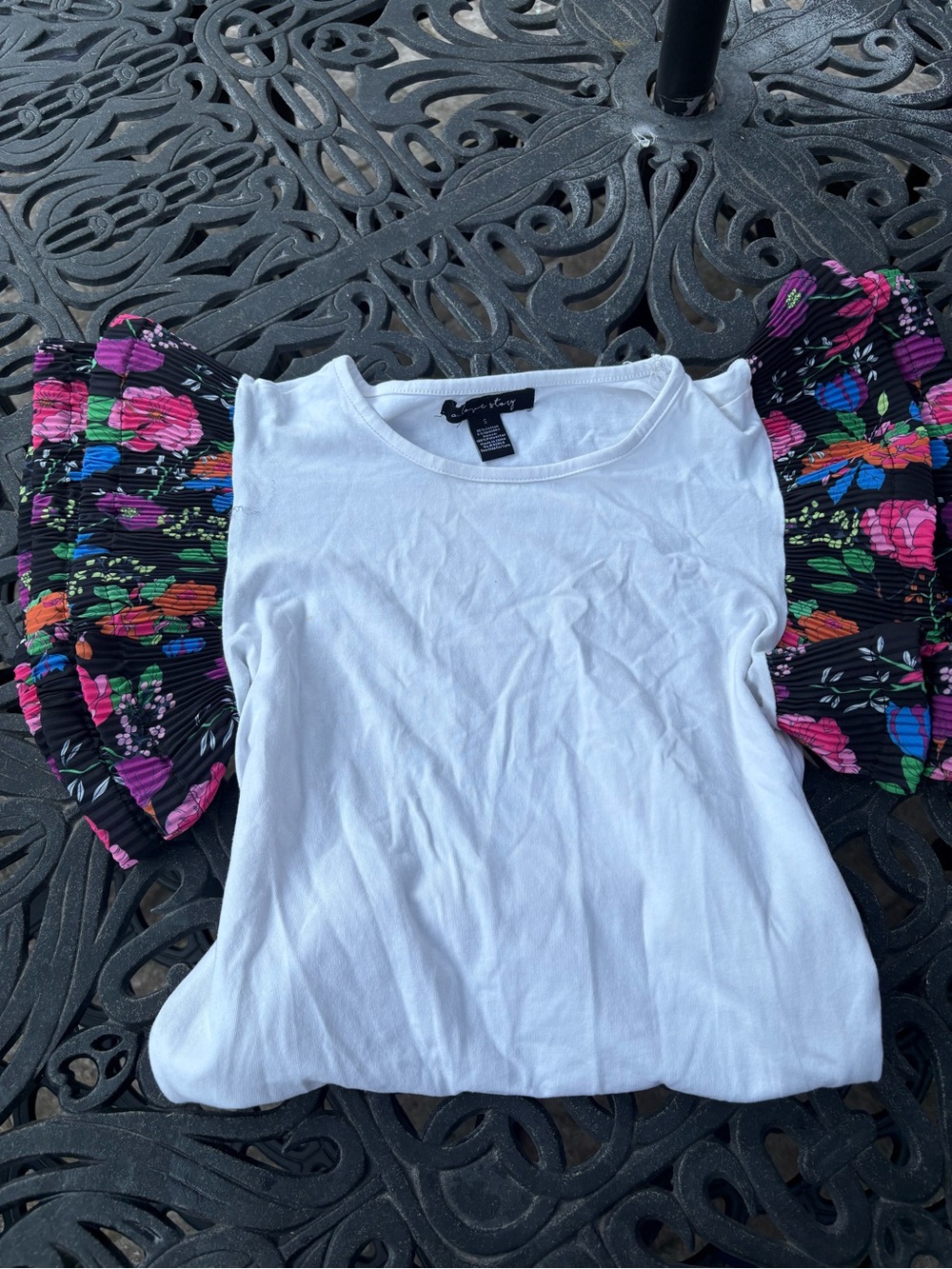 White Tee with Black Floral Ruffle Sleeves